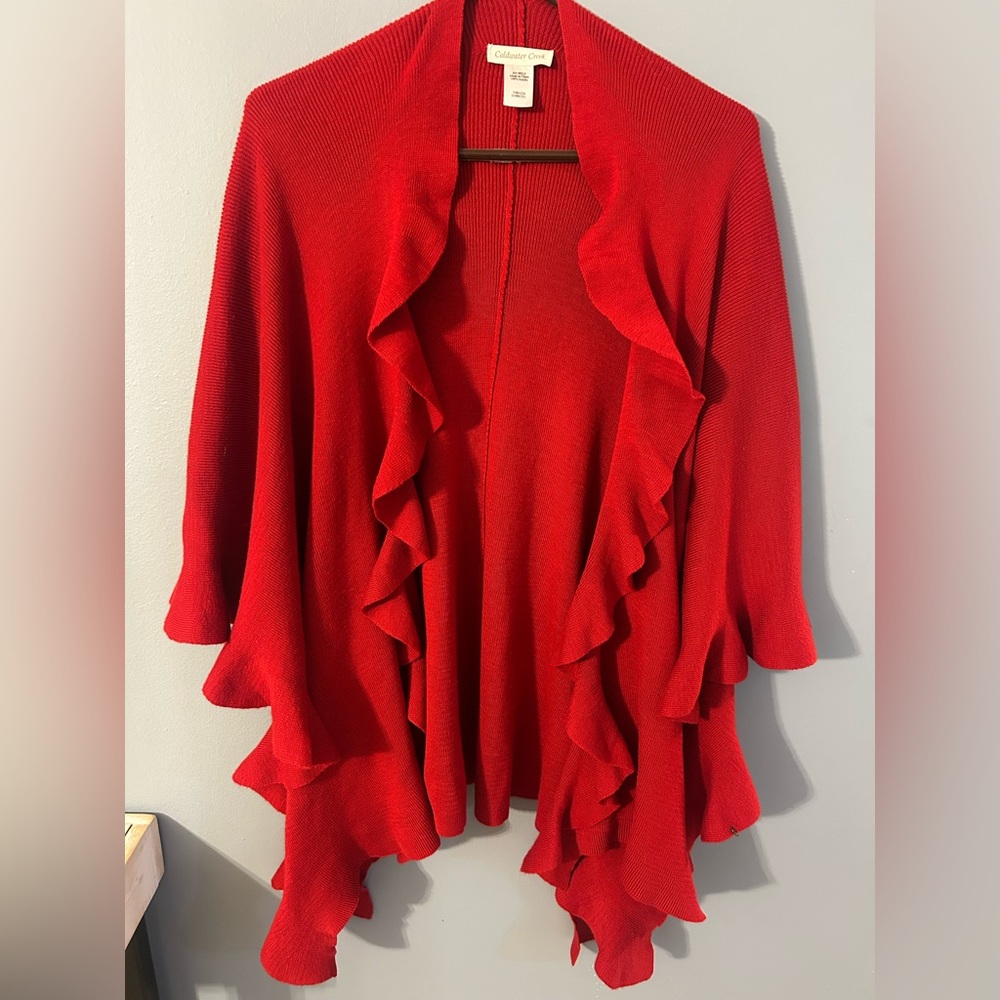 Coldwater Creek Bright Red Ruffle-Trim Open Cardigan